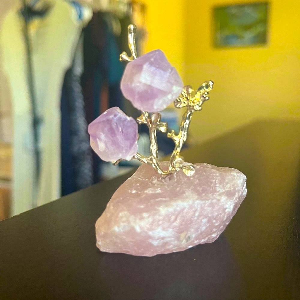 Amethyst Clusters On Raw Rose Quartz Stand | Natural Raw Stone Crystal Statue